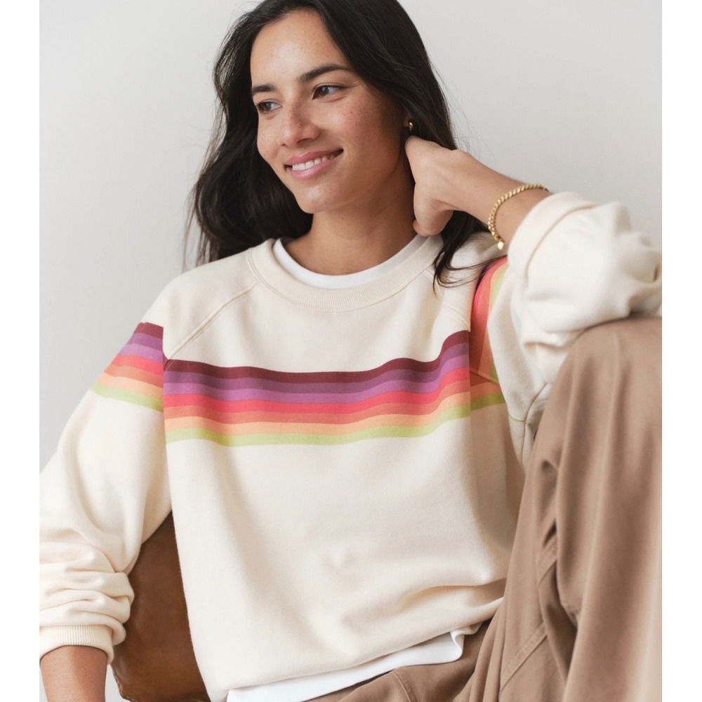 Marine Layer Cream Crewneck Sweatshirt with Rainbow Stripe